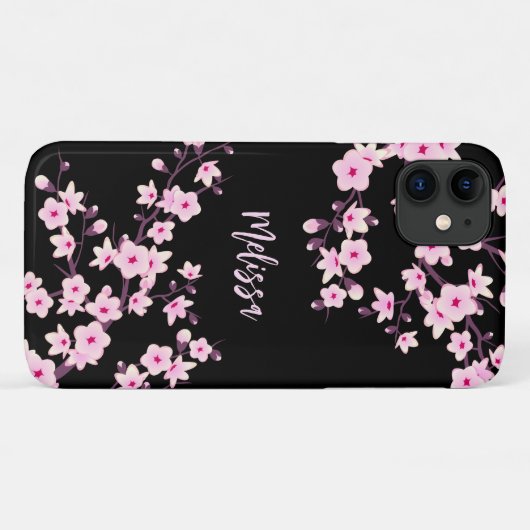Hübsche Blumenkirsche Blossom Rosa Schwarze Monogr Case-Mate iPhone Hülle (Rückseite (Horizontal))
