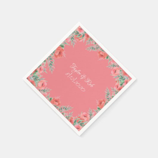 Hübsche Blumenkoralle Pink Peach Script Hochzeit Serviette (Ecke)