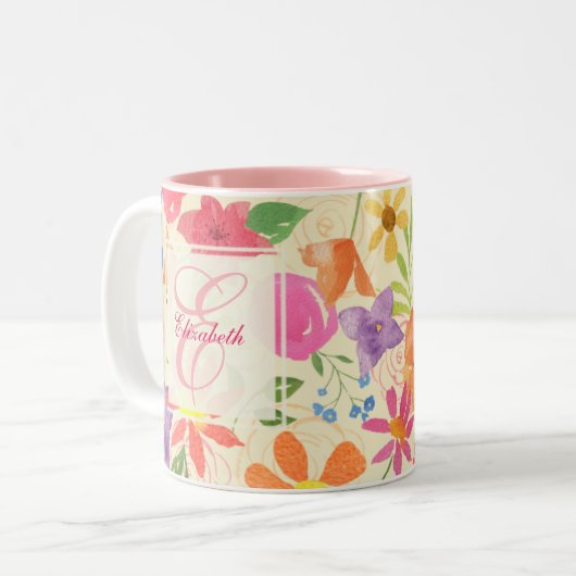 Hübsche Blumenmonogramm-Tasse Zweifarbige Tasse (Vorderseite Links)