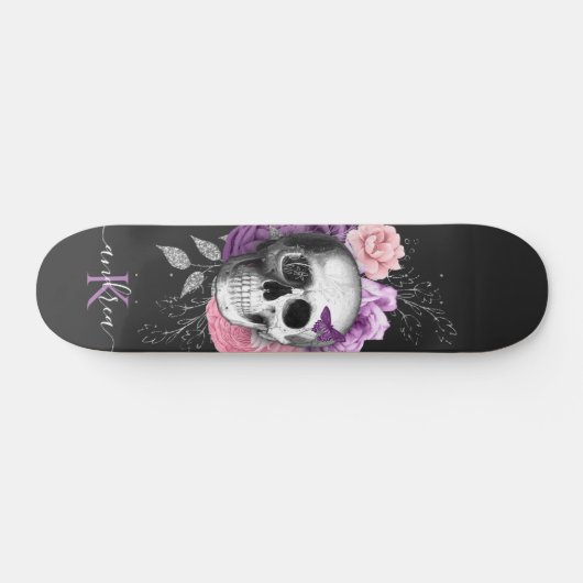 Hübsche Blumenschädel Botanische Blätter Bezeichnu Skateboard (Horizontal)