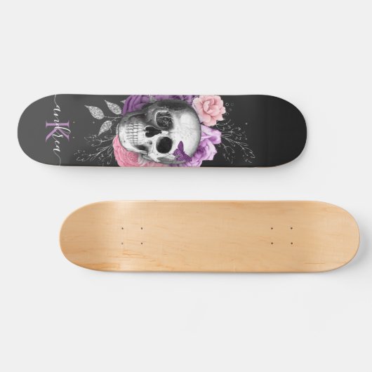 Hübsche Blumenschädel Botanische Blätter Bezeichnu Skateboard (Horizontal)