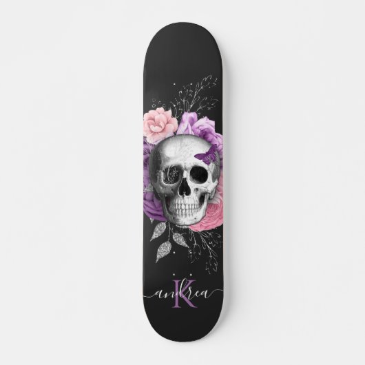 Hübsche Blumenschädel Botanische Blätter Bezeichnu Skateboard (Vorne)