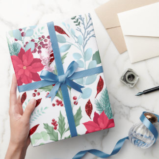 Hübsche Blumenwasserfarbe Glitzer Rote Poinsettie Geschenkpapier