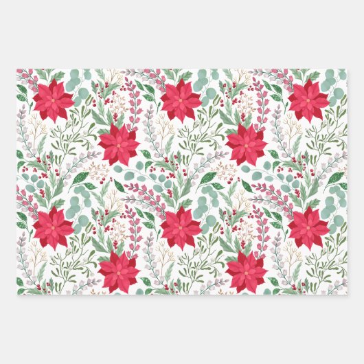 Hübsche Blumenwasserfarbe Glitzer Rote Poinsettie Geschenkpapier Set (Vorderseite 3)