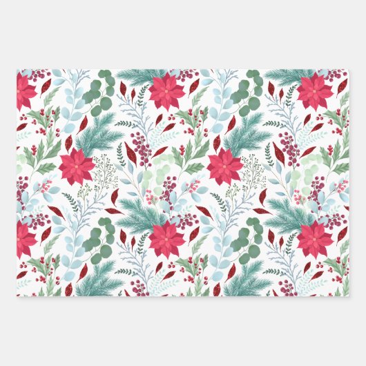 Hübsche Blumenwasserfarbe Glitzer Rote Poinsettie Geschenkpapier Set (Vorderseite)