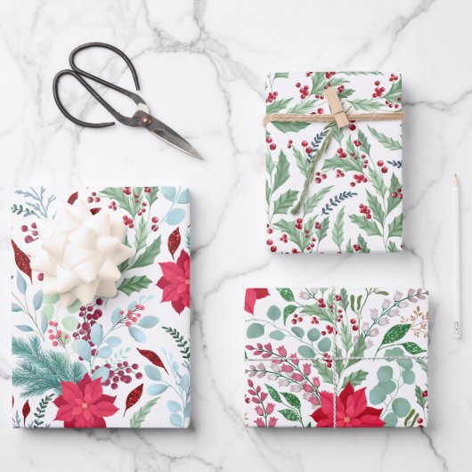 Hübsche Blumenwasserfarbe Glitzer Rote Poinsettie Geschenkpapier Set (Vorderseite)