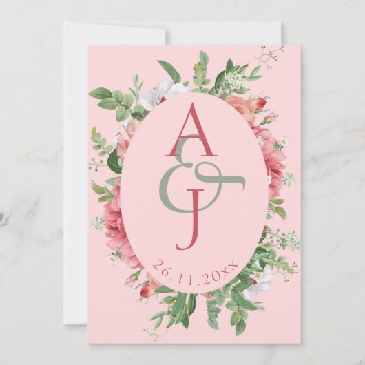 Hübsche Blush Floral Monogram Wedding Save the Dat (Rückseite)