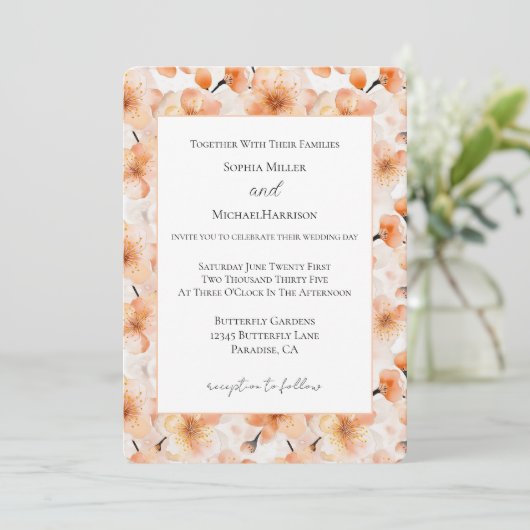 Hübsche Blush Pfirsich Blumen Hochzeit Einladung (Stehend Vorderseite)