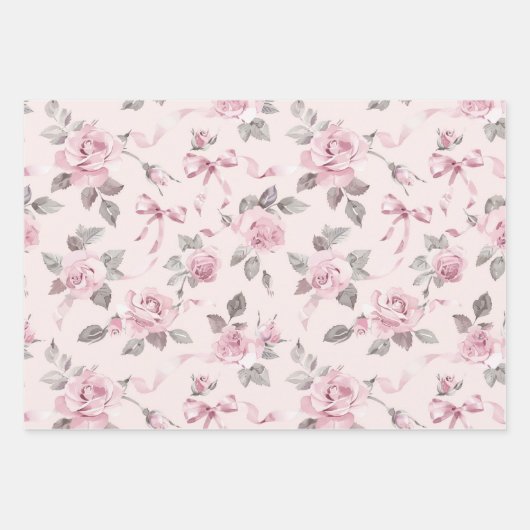 Hübsche Blush Pink Roses & Bows Blumenhochzeit Geschenkpapier Set (Vorderseite 3)