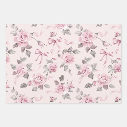 Hübsche Blush Pink Roses & Bows Blumenhochzeit Geschenkpapier Set (Vorderseite)