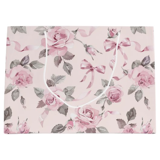 Hübsche Blush Pink Roses & Bows Blumenhochzeit Große Geschenktüte (Vorderseite)