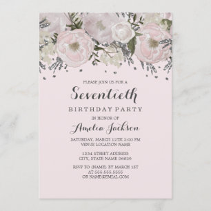 Hübsche Blush Pink Silber Blumen 70. Geburtstag Einladung