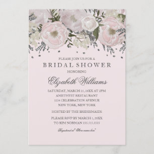 Hübsche Blush Pink Silber Blumen Hochzeitsdusche Einladung
