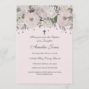 Hübsche Blush Rosa Silber Blumen Taufkleid Einladung