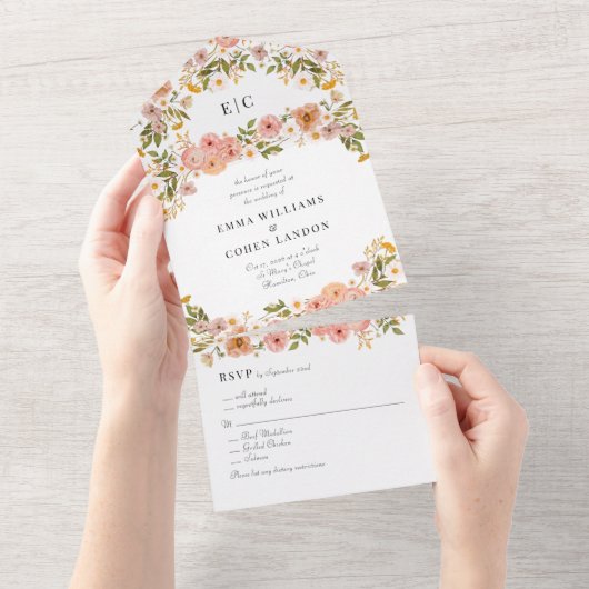 Hübsche böhmische Blumenhochzeit All In One Einladung (Abreißen)