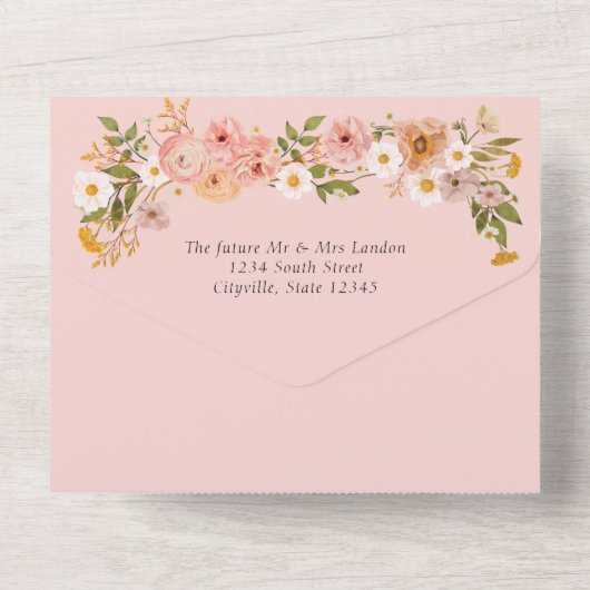 Hübsche böhmische Blumenhochzeit All In One Einladung (Rückseite)