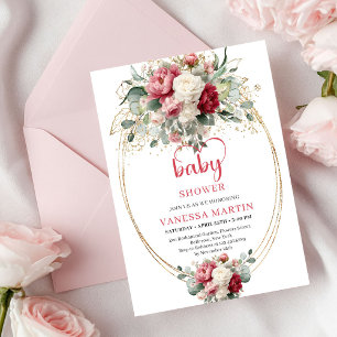 Hübsche Boho-Burgunder-Rosa-Gold-Blumen-Baby-Einla Einladung