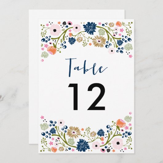 Hübsche Bouquet Wedding Tischnummer Invite Navy (Vorne/Hinten)