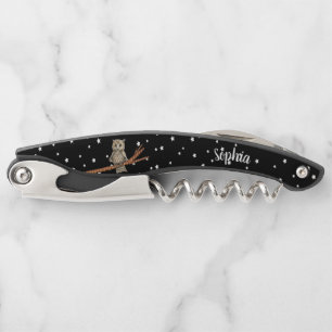 Hübsche braune Owl auf Zweig Black Sky White Stars Kellnermesser