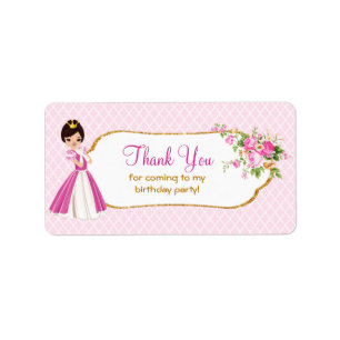 Hübsche brünette Prinzessin Birthday Thank You Adressaufkleber