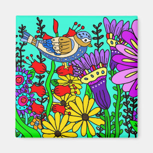 Hübsche Bunte Folklore Art Bird und Blume Magnet