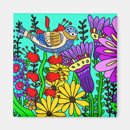 Hübsche Bunte Folklore Art Bird und Blume Magnet (Vorne)