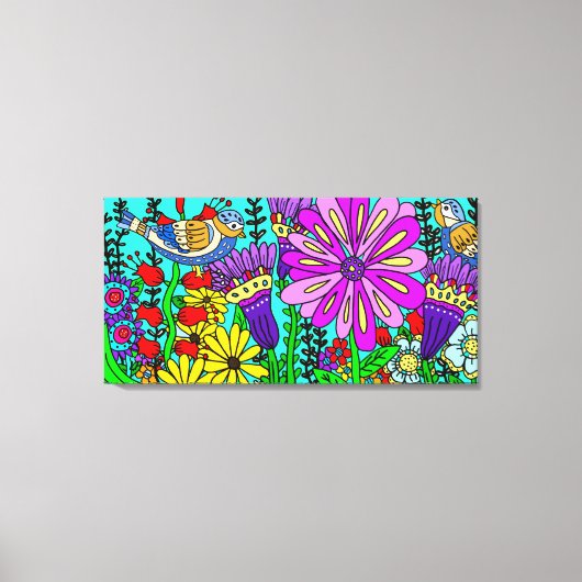 Hübsche Bunte Folklorekunst Vogel und Blume Po Leinwanddruck (Vorderseite)