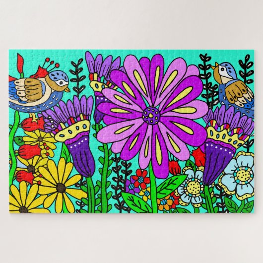 Hübsche Bunte Folklorekunst Vogel und Blume Po Puzzle (Horizontal)