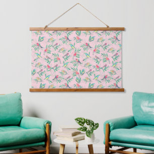 Hübsche bunte Vögel Blätter Vintage Rosa Design Wandteppich Mit Holzrahmen