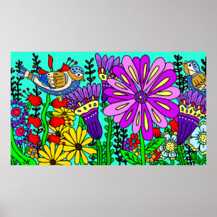 Hübsche bunte Volkskunst im Stil von Vogel und Blu Poster
