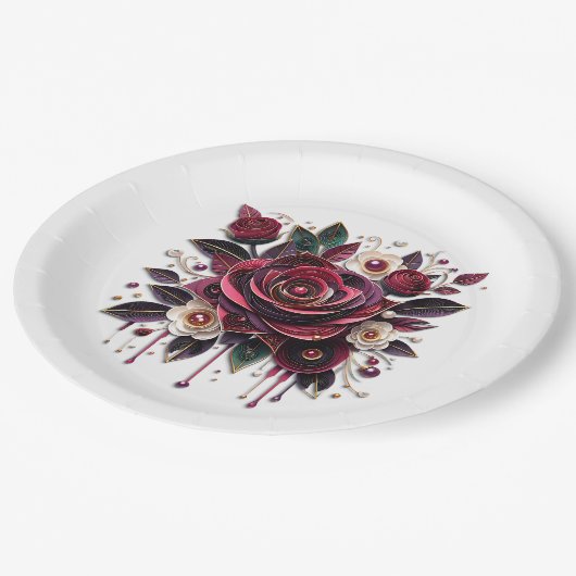 Hübsche Burgund-Rose Pappteller (Schrägansicht)