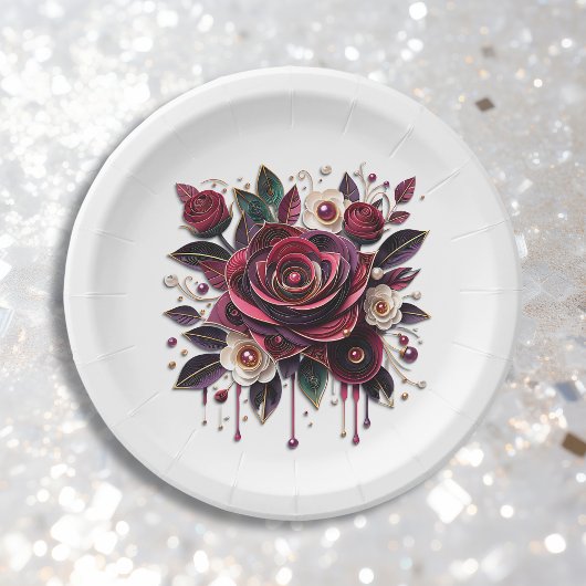 Hübsche Burgund-Rose Pappteller