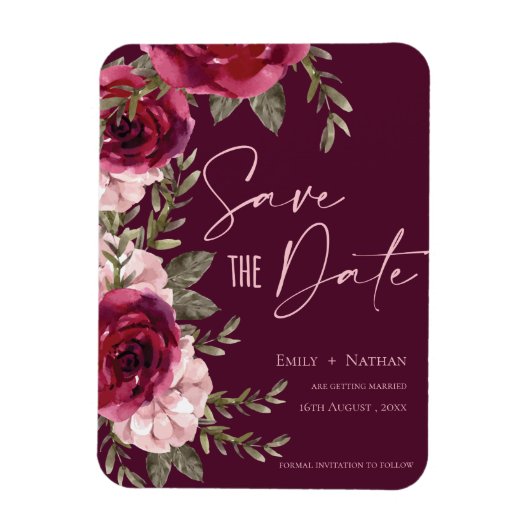 Hübsche Burgundy Peach Floral Wedding Save the Dat Magnet (Vertikal)