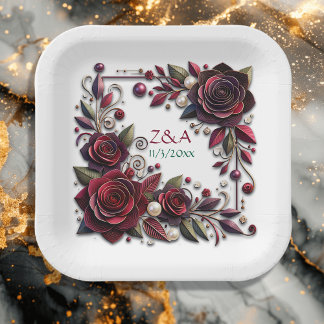 Hübsche Burgundy-Rose Mit Monogramm Pappteller