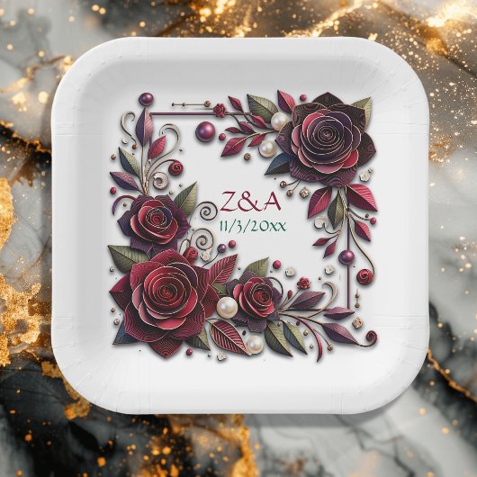 Hübsche Burgundy-Rose Mit Monogramm Pappteller