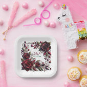Hübsche Burgundy-Rose Mit Monogramm Pappteller (Party)