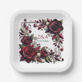 Hübsche Burgundy-Rose Mit Monogramm Pappteller (Vorderseite)
