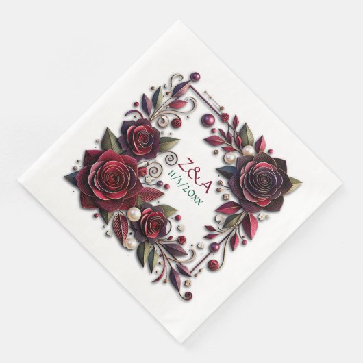 Hübsche Burgundy-Rose Mit Monogramm Serviette (Ecke)