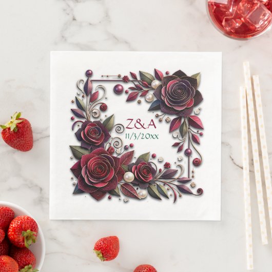 Hübsche Burgundy-Rose Mit Monogramm Serviette (Beispiel)