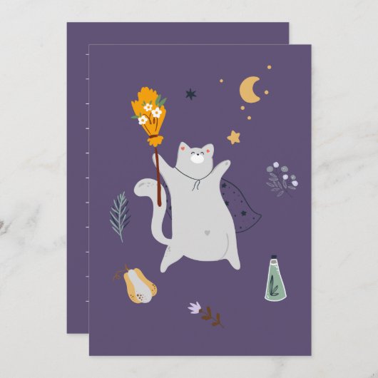 Hübsche Cartoon Katzen mit Besen, Kürbissen und Ge (Vorne/Hinten)