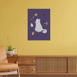 Hübsche Cartoon Katzen mit Besen, Kürbissen und Ge Poster