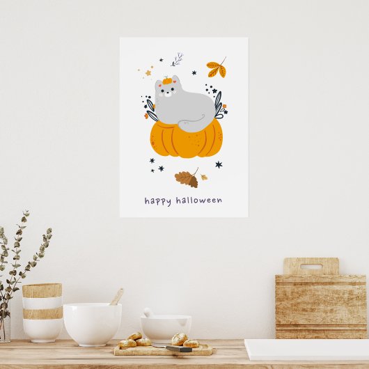 Hübsche Cartoon Katzen mit Besen, Kürbissen und Ge Poster (Küche)