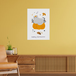 Hübsche Cartoon Katzen mit Besen, Kürbissen und Ge Poster