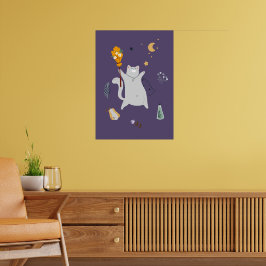 Hübsche Cartoon Katzen mit Besen, Kürbissen und Ge Poster