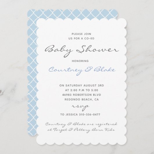 Hübsche Co-Ed Baby Einladung Blue (Vorne/Hinten)