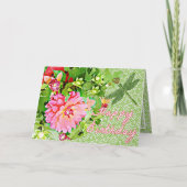 Hübsche Dahlia Blooms und Dragonfly Happy Birthday Karte (Vorderseite)