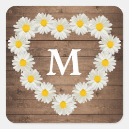 Hübsche Daisies Monogram Hochzeit rustikales Holz Quadratischer Aufkleber
