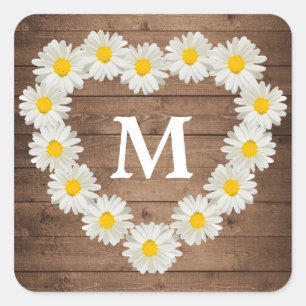 Hübsche Daisies Monogram Hochzeit rustikales Holz Quadratischer Aufkleber