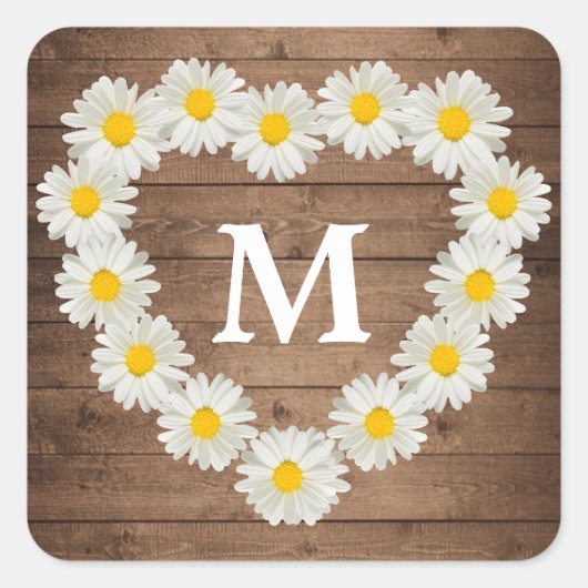 Hübsche Daisies Monogram Hochzeit rustikales Holz Quadratischer Aufkleber (Vorderseite)