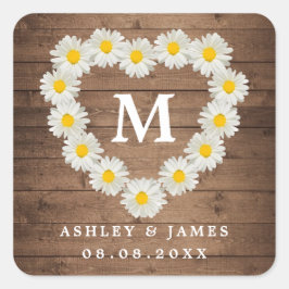 Hübsche Daisies Monogram Hochzeit rustikales Holz Quadratischer Aufkleber